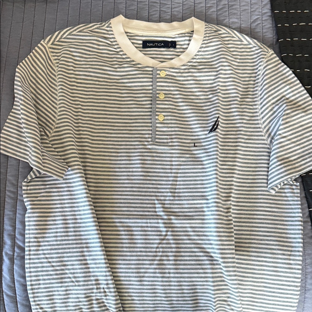 Nautica Men's Blue and White Striped Henley Shirt